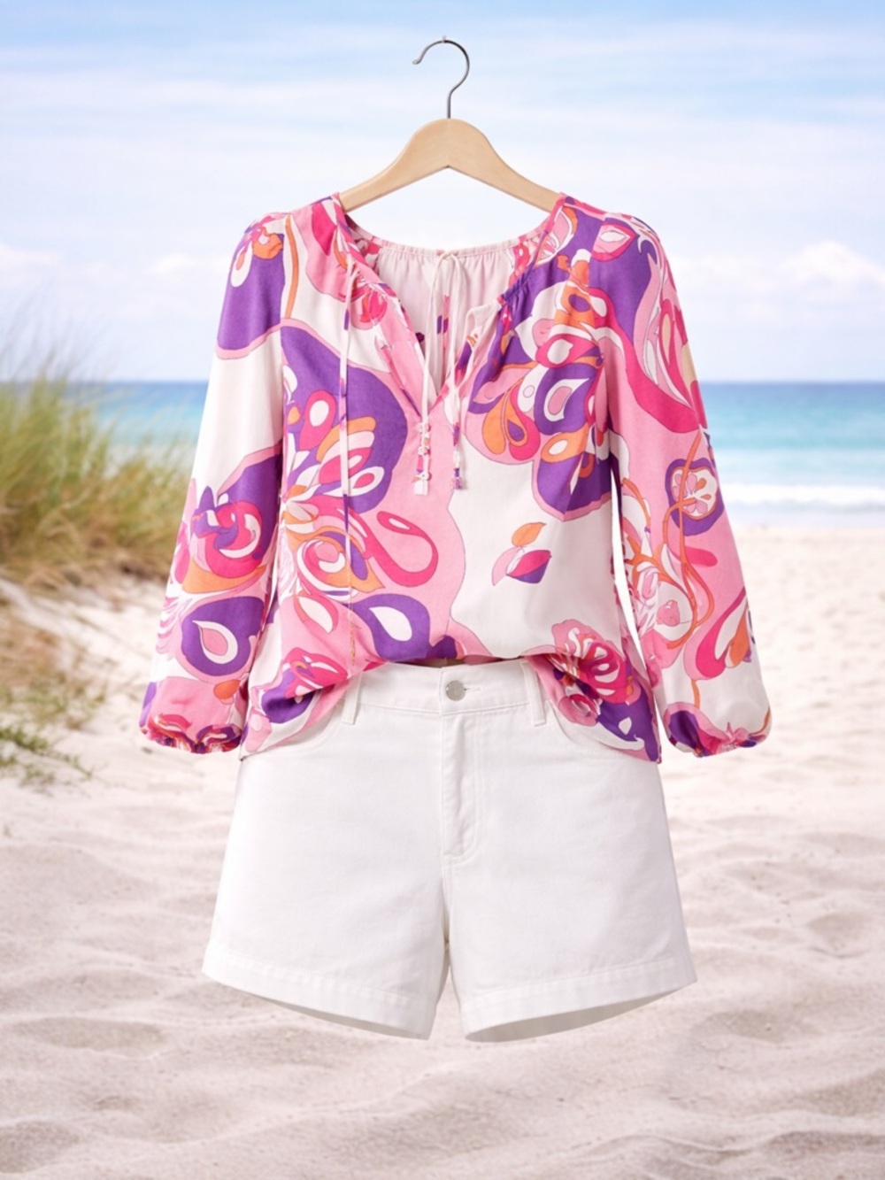 Talbots Vibrant Pink Purple Boho Blouse | Abstract Floral | Resort Coastal Top M